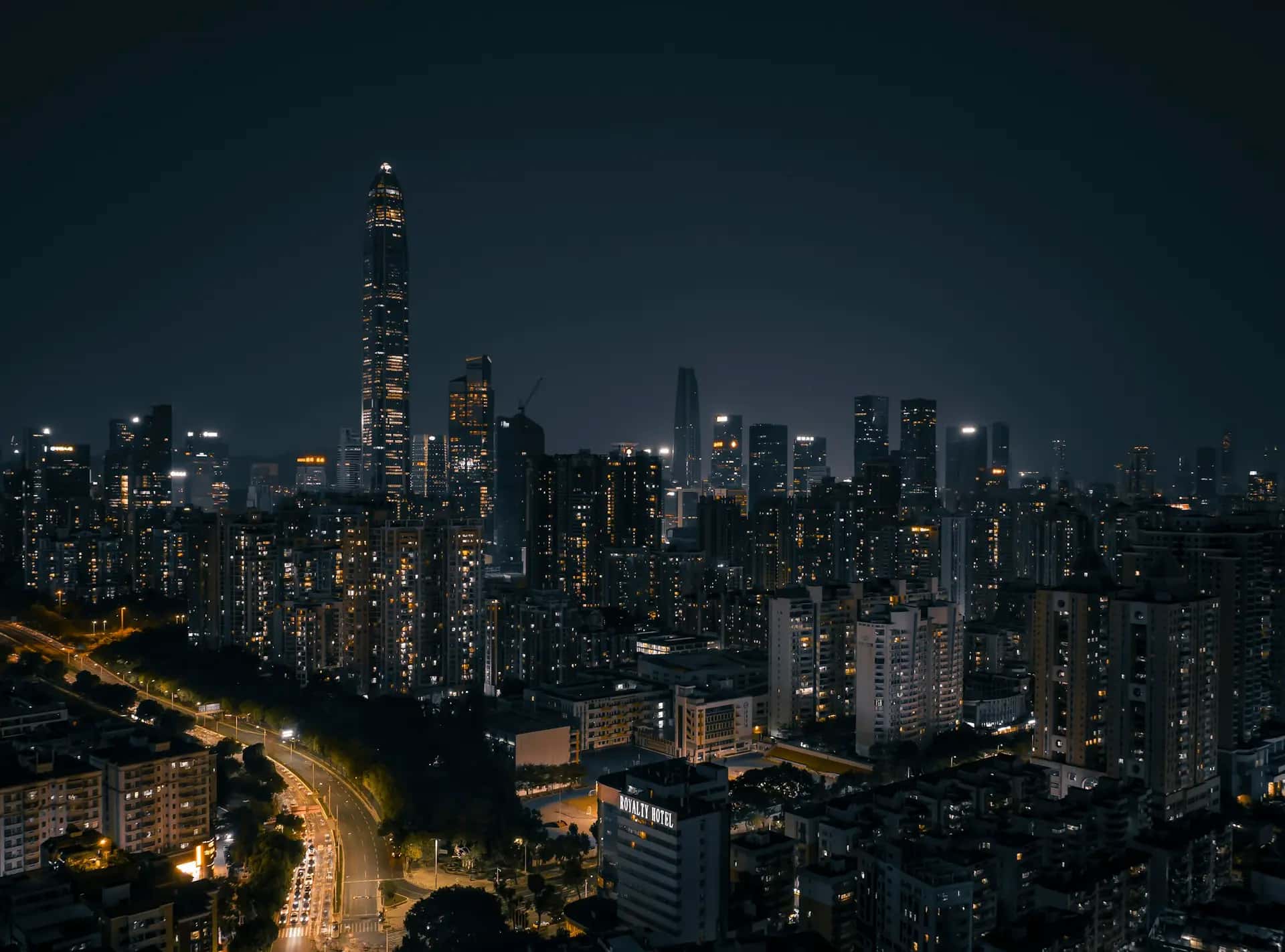 Cidade chinesa à noite, vista do alto